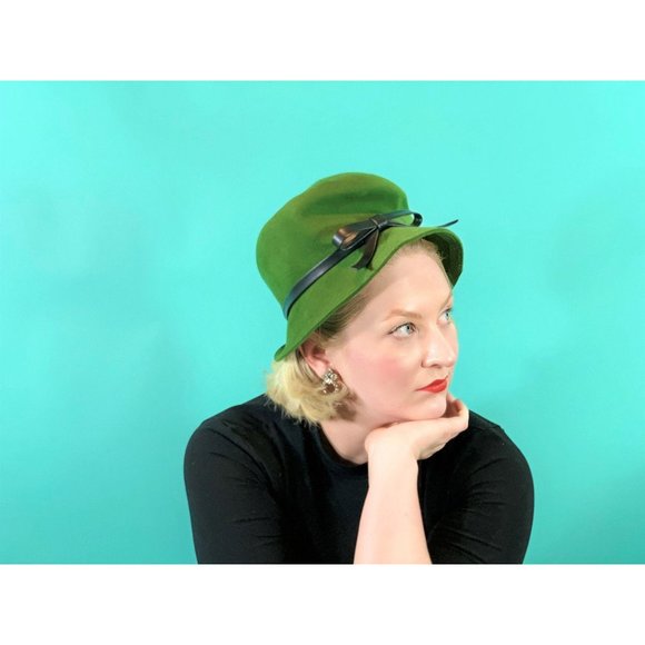 Vintage 1960s Green Hat Tall Mod Wool Bowler Hat main image 4